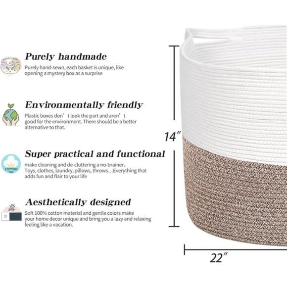 Extra Large Cotton Rope Basket 22" x 14" - Toy Basket for Kids -Blanket Basket - Picture 2 of 7